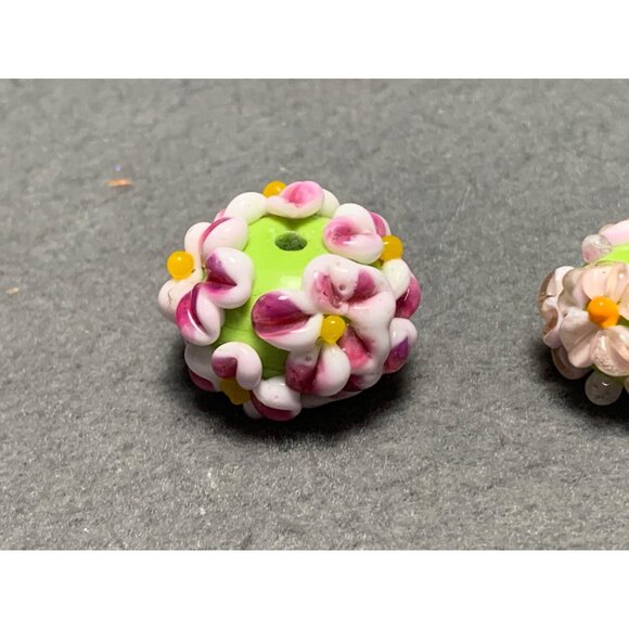 Handmade Floral Lampwork Glass Beads Green Base with Pink & White Flowers Bead - Picture 5 of 6